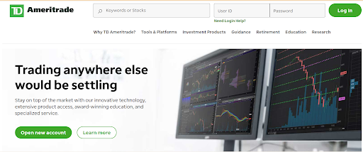 TD Ameritrade website interphase